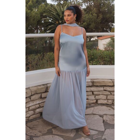 Show Me Your Mumu Dalia Maxi Dress in Steel Blue Luxe Satin M